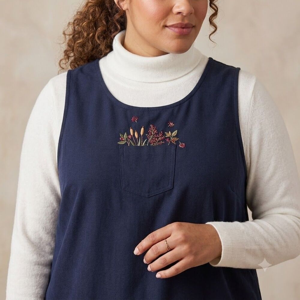 Dress Barn Velvet Jumper Dress Sz 2XL Navy Pocket Embroidery Cottagecore VTG USA